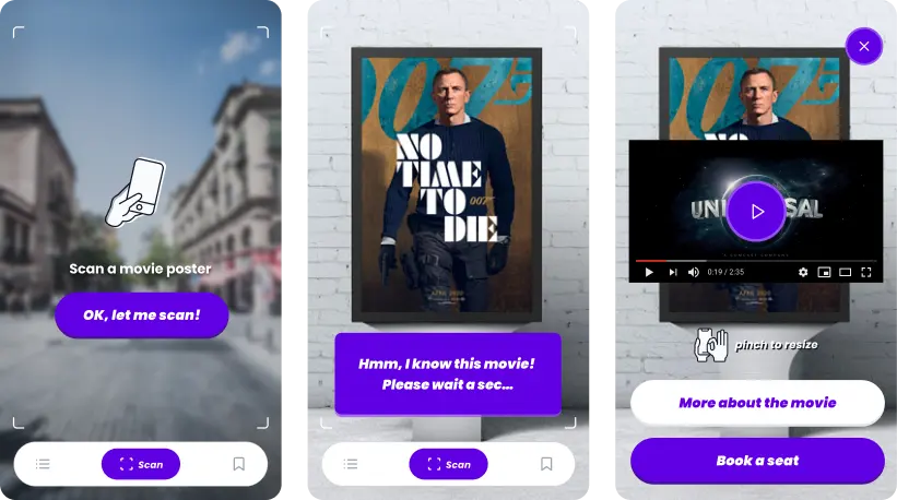 Écrans de l&rsquo;app Ticus montrant le scan et l&rsquo;analyse d&rsquo;une affiche de cinéma